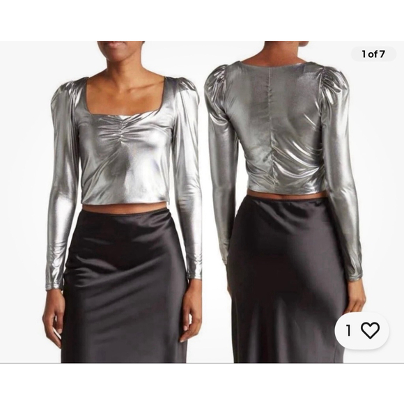 Ronny Kobo Collection Tops - Torn by Ronny Kobo Selina Metallic Long Sleeve Ruched Crop Top SZ S